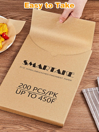 SMARTAKE Parchment Paper Baking Sheets - 200 Non-Stick Precut Sheets, 8x12 Inches for Baking & Grilling