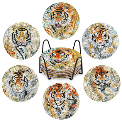 GHHKUD 6pcs Tiger Diamond Painting Coasters, DIY Life Coasters Animals Diamond Art Kits for Adults Kids, Full Drill 5D with Holder Cork Pad for Home