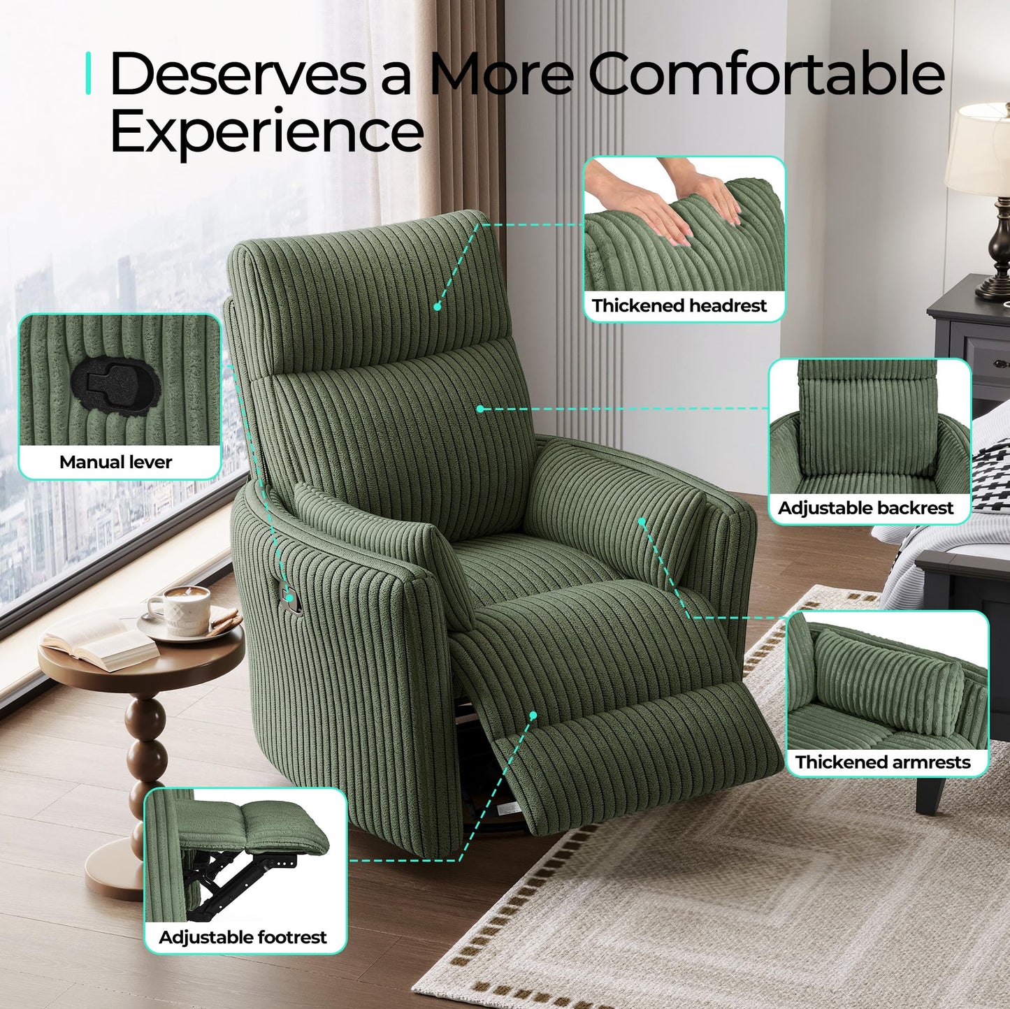 LINSY 360 Swivel Recliner Chair, Nursery Glider Rocking Chair with 2 Pillows, Corduroy Nursing Chair Comfy High Back Adult Rocker Recliner for Small Spaces, Nursery Bedroom Living Room (Green)