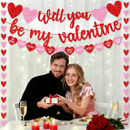 Valentines Day Decorations, No DIY Glitter Red Pink Will You Be My Valentine Banner Hollowed Conversation Heart Banner Heart Garlands String for Valentines Home Mantle Wall Office Decor Supplies