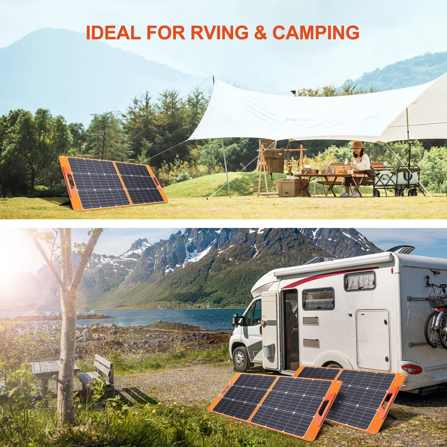 Solar Panels 100Watt Portable 24% High-Efficiency 18V Foldable Solar Charger with USB Outputs for Power Stations, Phones, IP65 Waterproof Perfect for Camping, RVing, Home Backup and Off-Grid Blackouts