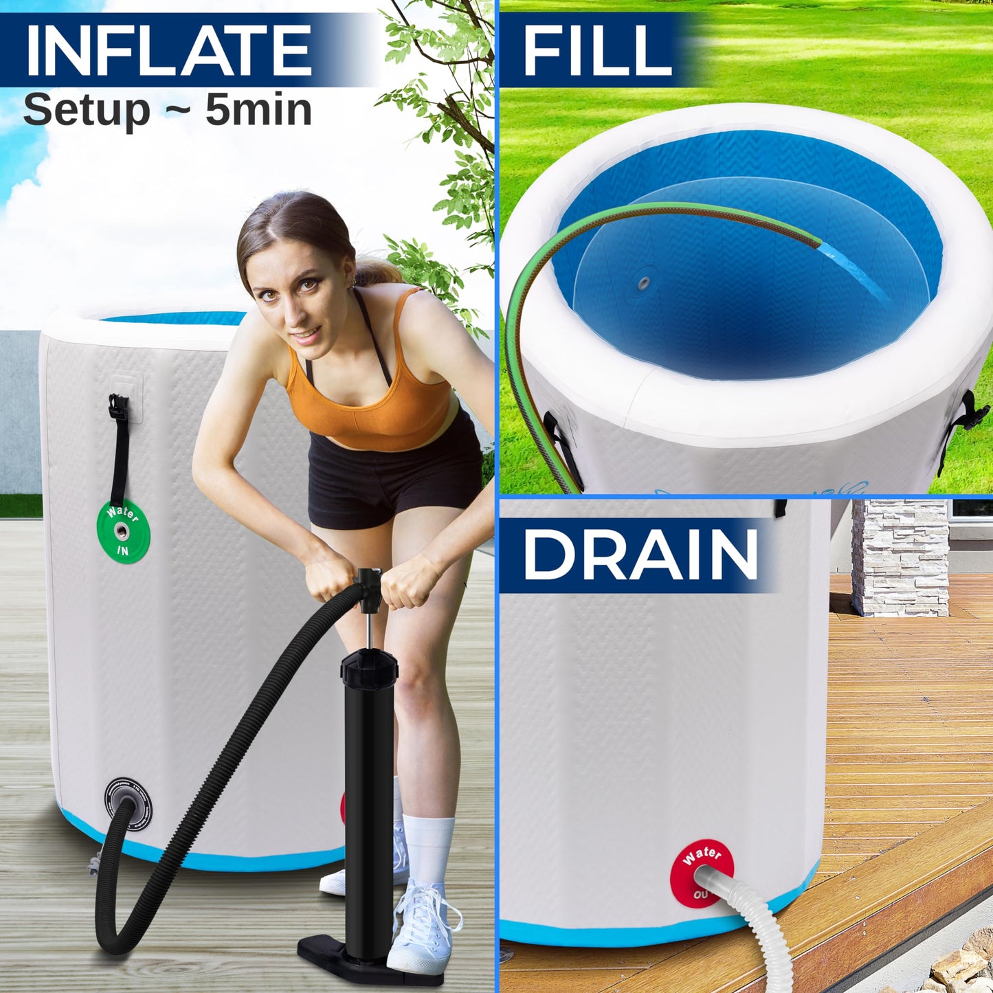 SereneLife Inflatable Cold Plunge Tub Ice Bath, 85 Gal One Person Ice Bath Tub with Lid, Drop Stitch PVC, Double Layer Seals, Heavy Duty Cold Plunge for Athletes