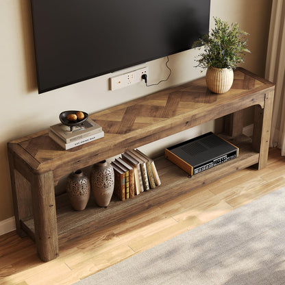 LITTLE TREE Solid Wood TV Stand with Open Storage Shelves, Farmhouse TV Stand for 65-Inch TV, Mid Century Modern TV Stand for Living Room, Bedroom - 63" Rustic Brown