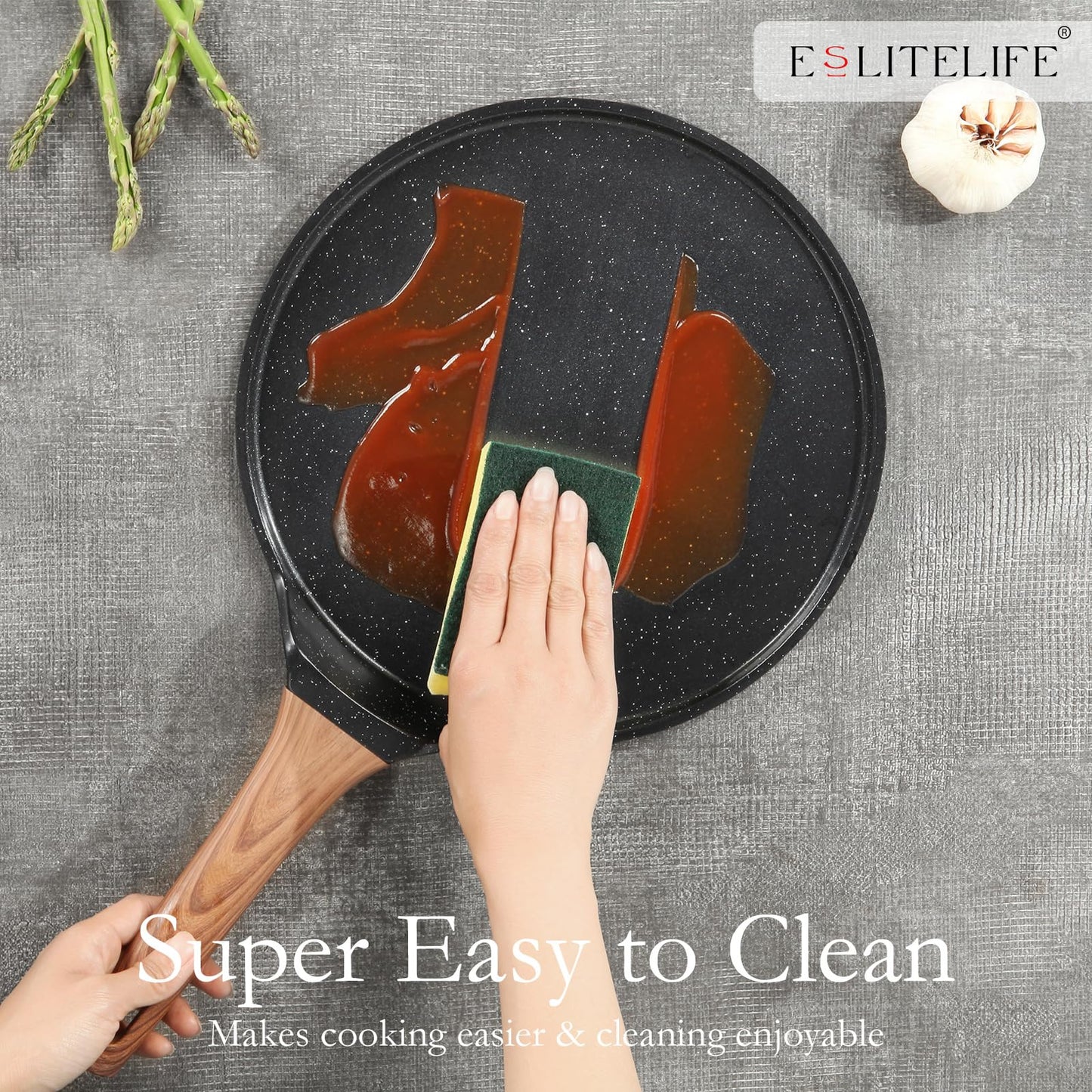ESLITE LIFE 9.5 Inch Crepe Pan with Spreader, Nonstick Granite Coating Dosa Pan, Roti Tawa Comal Para Tortillas Pancake Griddle Pan, Induction Compatible, PTFE & PFOA Free, Black