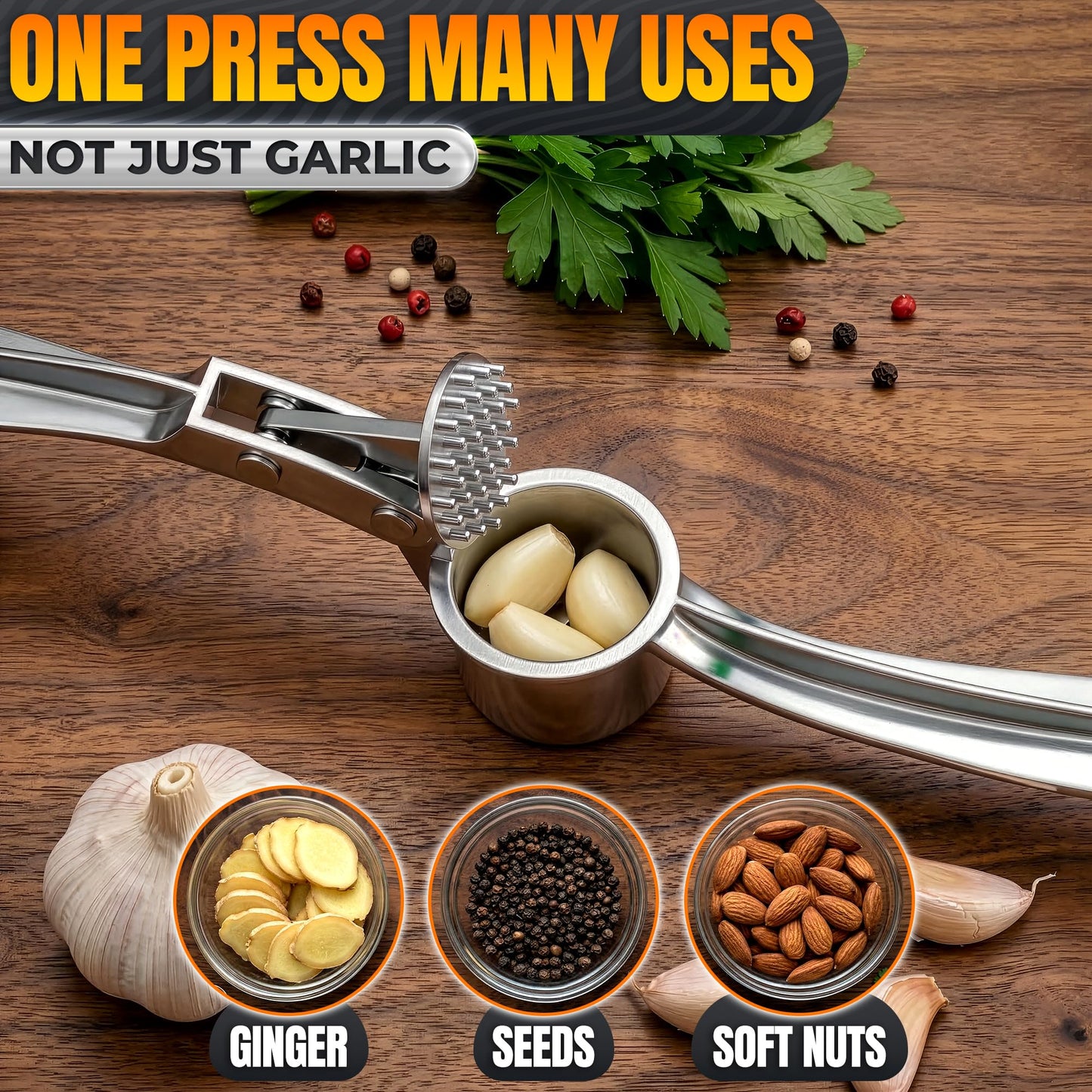 Stainless Steel Garlic Press - Ginger Mincer with 37 Built-In Studs for Maximum Extraction, for Garlic, Ginger and Soft Nuts - Ergonomic Handle, Dishwasher Safe and Rust-Resistant, No Peel Needed