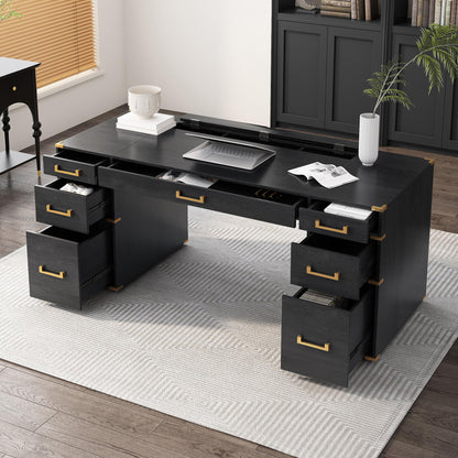Merax 70" Traditional Executive Desk with Metal Edge Trim, Classic Writing Desk with 2 File Drawers, USB Ports and Outlets, Extra-Large Desk with Hidden Compartment for Home Office, Study Room
