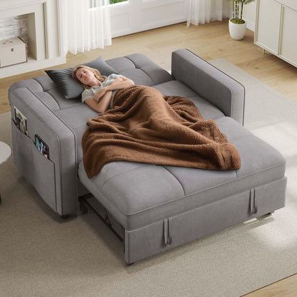 DWVO 55" Convertible Sofa Bed, 3-in-1 Sleeper Sofa with Pull-Out Couch, Velvet Futon Couch with Adjustable Backrest and USB, Modern Loveseat for Living Room Apartment, Light Grey