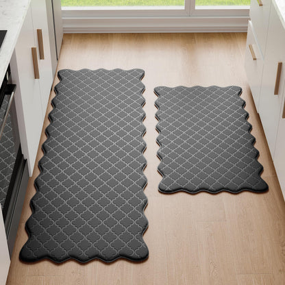 Arenarug Upgrade Scalloped Embossed Kitchen Mats for Floor 2PCS Cushioned Anti Fatigue Waterproof Foam Kitchen Rugs Non Slip Washable Comfort Standing Mat for Office Sink Laundry, Black