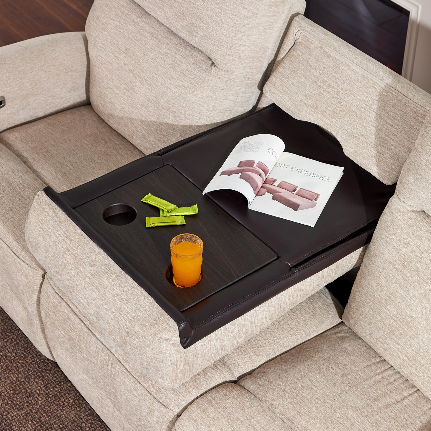 MCombo 87.8" Wall Hugger Power Reclining Sofa with Drop Down Table, 3-Seater Recliner Couch for Small Spaces Living Room RV, USB Ports, Fabric PR635M3 (Beige)