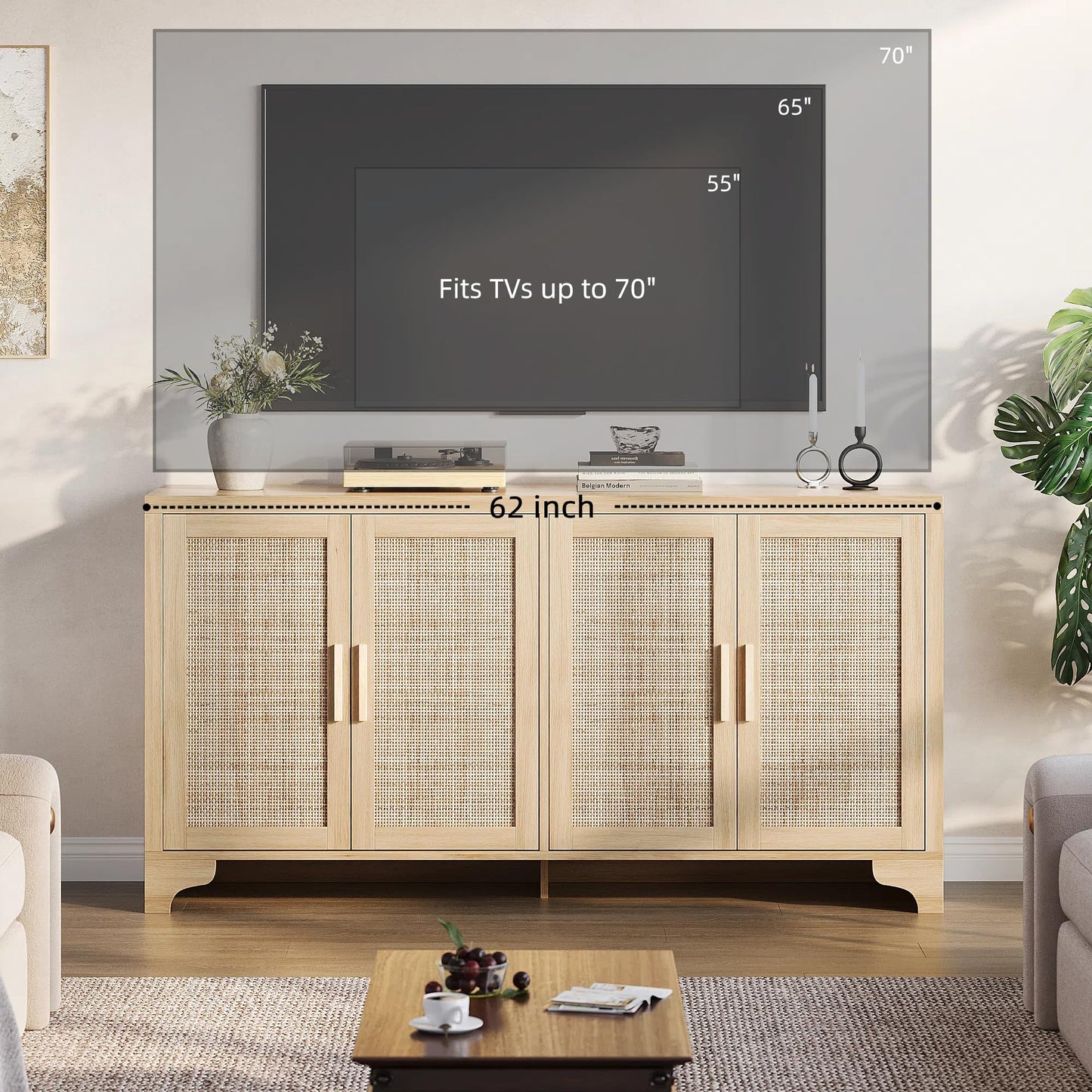 GAOMON TV Stand for TVs Up to 65'', Natural Rattan Entertainment Center with Storage Cabinets, Boho Media Console Table for Living Room, Farmhouse Cabinet, Oak