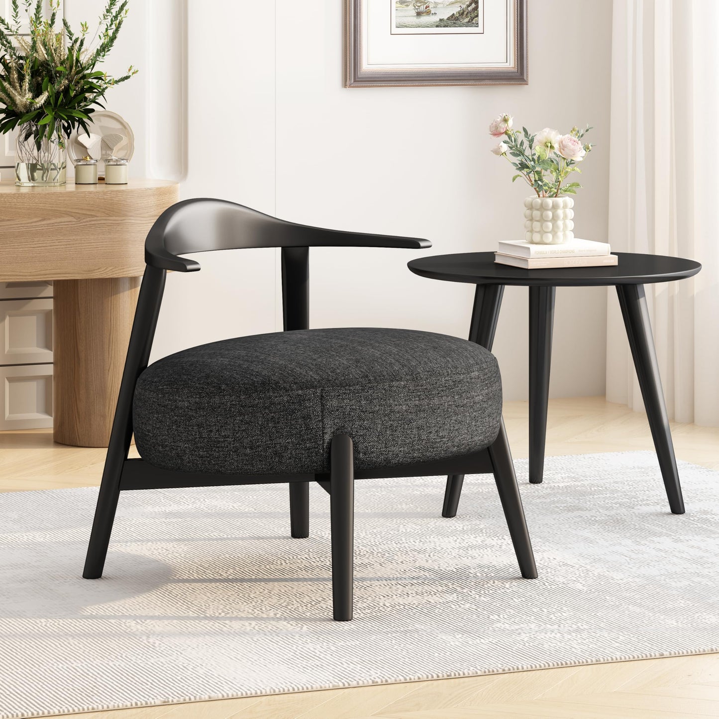 Merax Low-Back Accent Chair Mid Century Modern Upholstered Chair with Curved Backrest for Living Room Bedroom, Boucle Fabric, Birch Wood, Supports 300lbs, Black