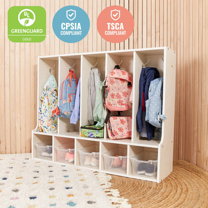 ECR4Kids Streamline 5-Section Toddler Coat Locker with Bench and Bins, Kids Furniture, Clear