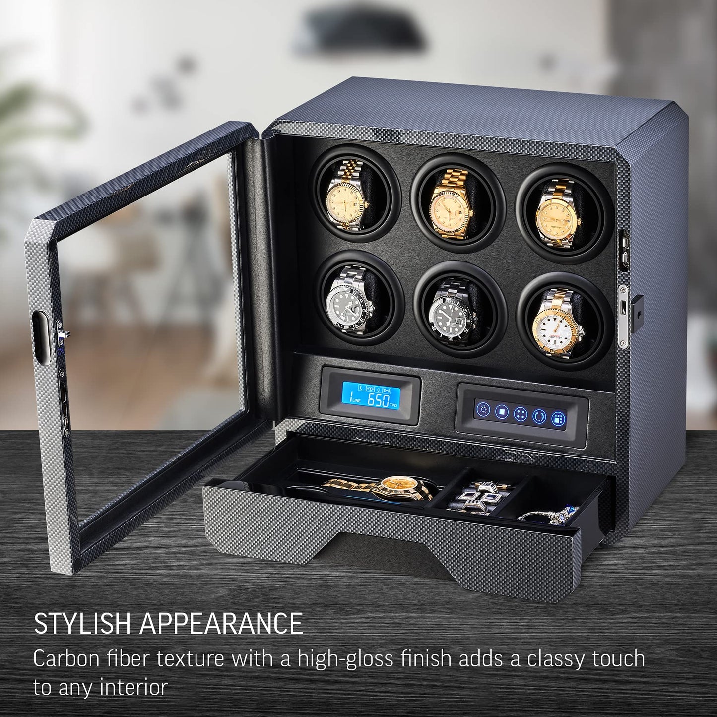 6 Watch Winder with LED Light, LCD Display and Storage Drawer (Carbon)