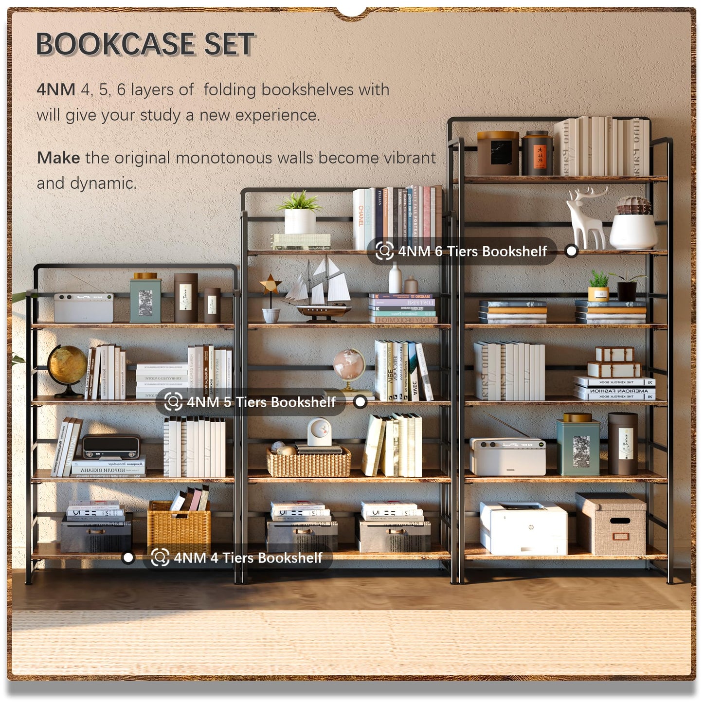 4NM No Assembly Extra Wide 6 Tiers Folding Bookshelf Storage Shelves Vintage Bookcase Standing Racks Study Organizer Home Office (Rustic Brown Black)