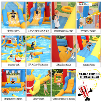 Large Inflatable Water Slide Park for Big Kids, 13-in-1 Bounce House Water Slide with Double Slides, Blower, Splash Pool, Deep Pool, 16X15X7.7ft Burger Theme Party Outdoor Backyard Blow Up Water Slide