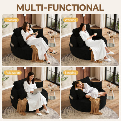 FAVSH 55" Oversized Round Chaise Lounge Chair Indoor, Upholstered Plush Deep Seat Circle Single Cloud Lounge Floor Sofa Chair with 4 Pillows with Side Pocket, Living Room, Bedroom Apartment, Black