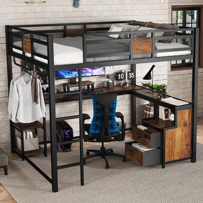 Bellemave Queen Size Loft Bed with Desk and Storage Drawers, Queen Loft Bed Frame with Computer Monitor Stand, Corner Shelf and Hanger Rod, Adults Loft Beds Frame, Black