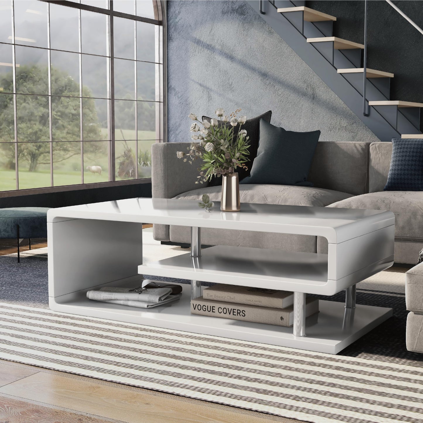 24/7 Shop At Home Vannie 47” Modern Rectangle Coffee Table, Contemporary Furniture, G-Shaped Open Shelf Storage For Living Room, Home Office, Bedroom, Gloss Coating, Round Edge, White