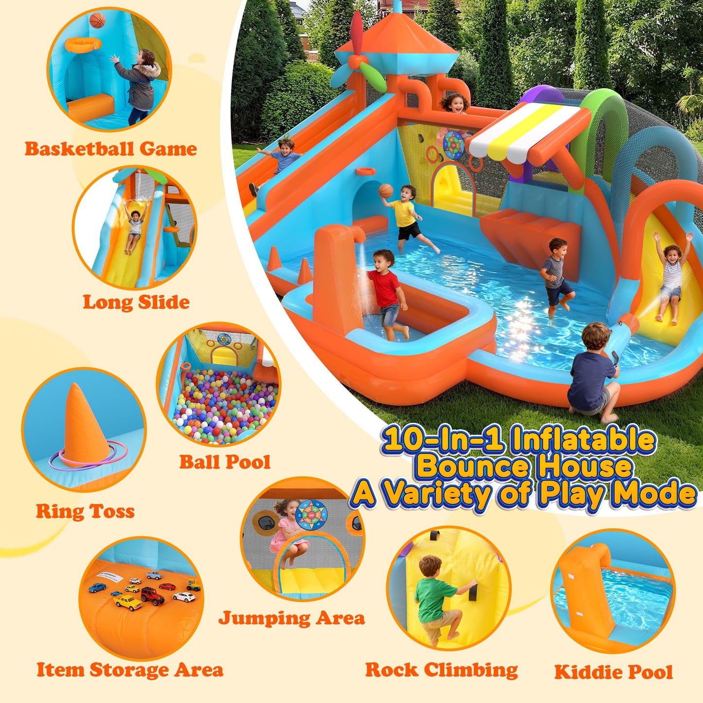 Inflatable Bounce House with Double Slide, 10 in 1 Large Bounce Castle with 750W Blower, Water Slide, Jumping, Splash Pool, Climbing Wall, Toy Stand, Water Cannon, Basketball, Tunnel, Outdoor, Orange