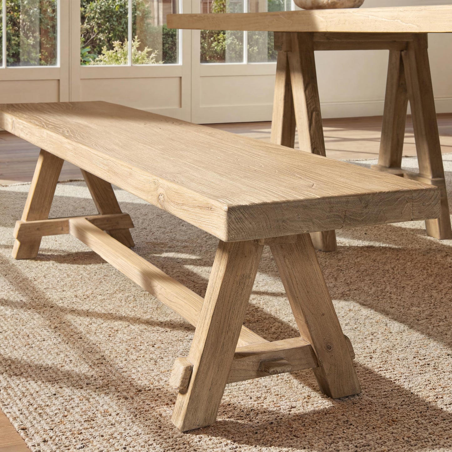 Jennifer Taylor Home Hawthorne 72” Reclaimed Elm Trestle Dining Bench, Heritage Light Natural Brown Reclaimed Elm