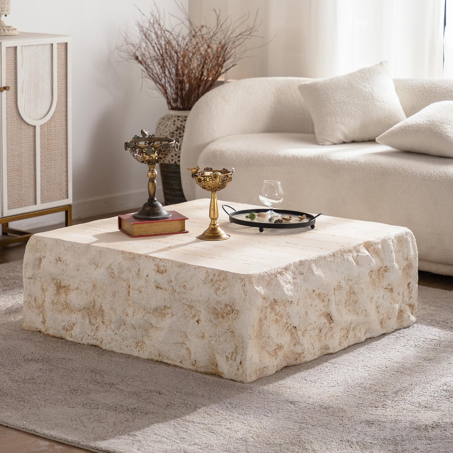 GDFStudio Modern Lightweight Concrete Coffee Table, Indoor Outdoor Square Accent Table, Mid Century MGO Side Tables, Faux Stone Sofa Tables for Living Room Office Apartment, No Assembly, Amber+Beige
