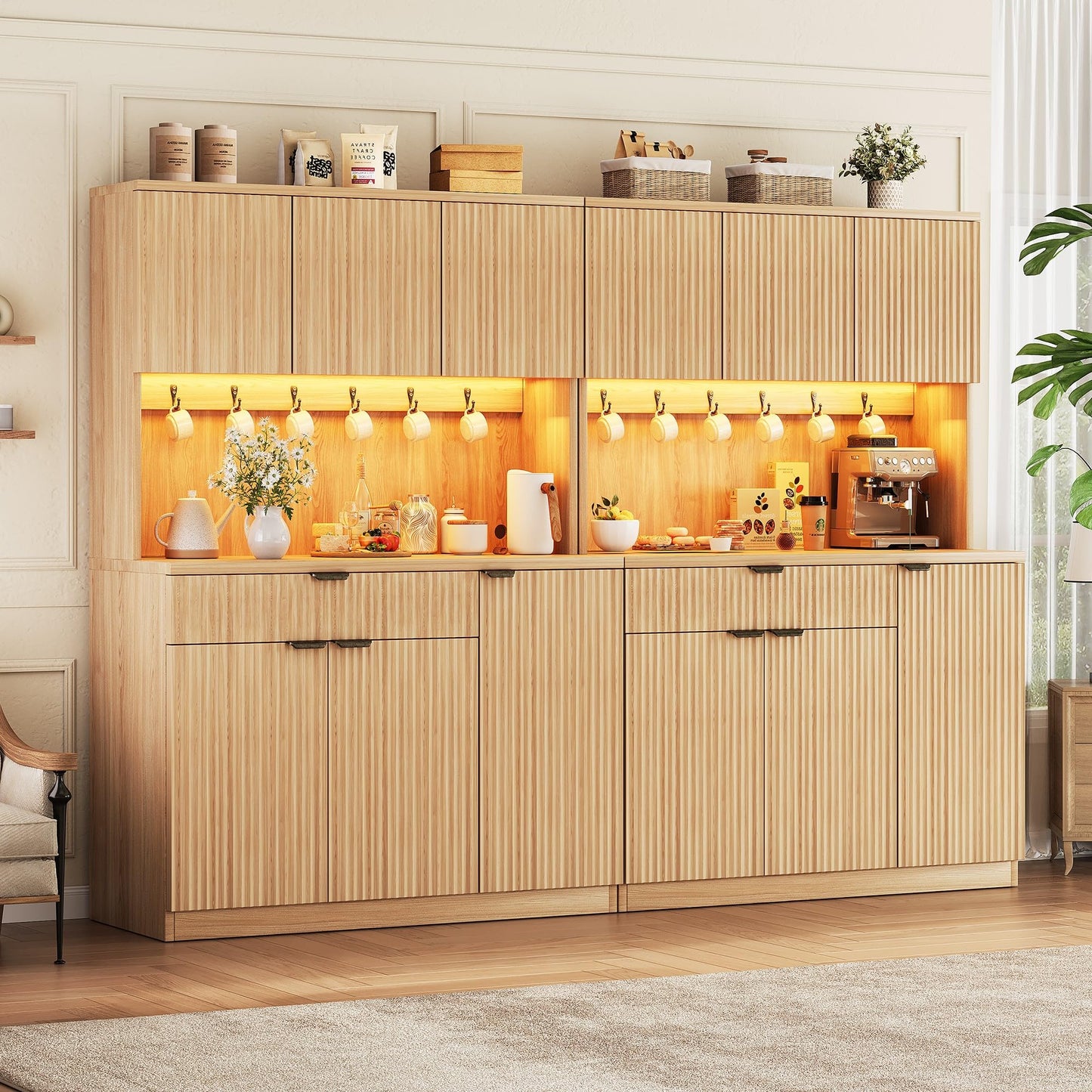 Jocoevol Fluted Kitchen Pantry Storage Cabinet with Charging Station/LED Light/Doors/Shelves, 71'' Tall Kitchen Food Hutch with Microwave Stand for Dining Room Living Room (Natural, 41 * 15.7 * 71)