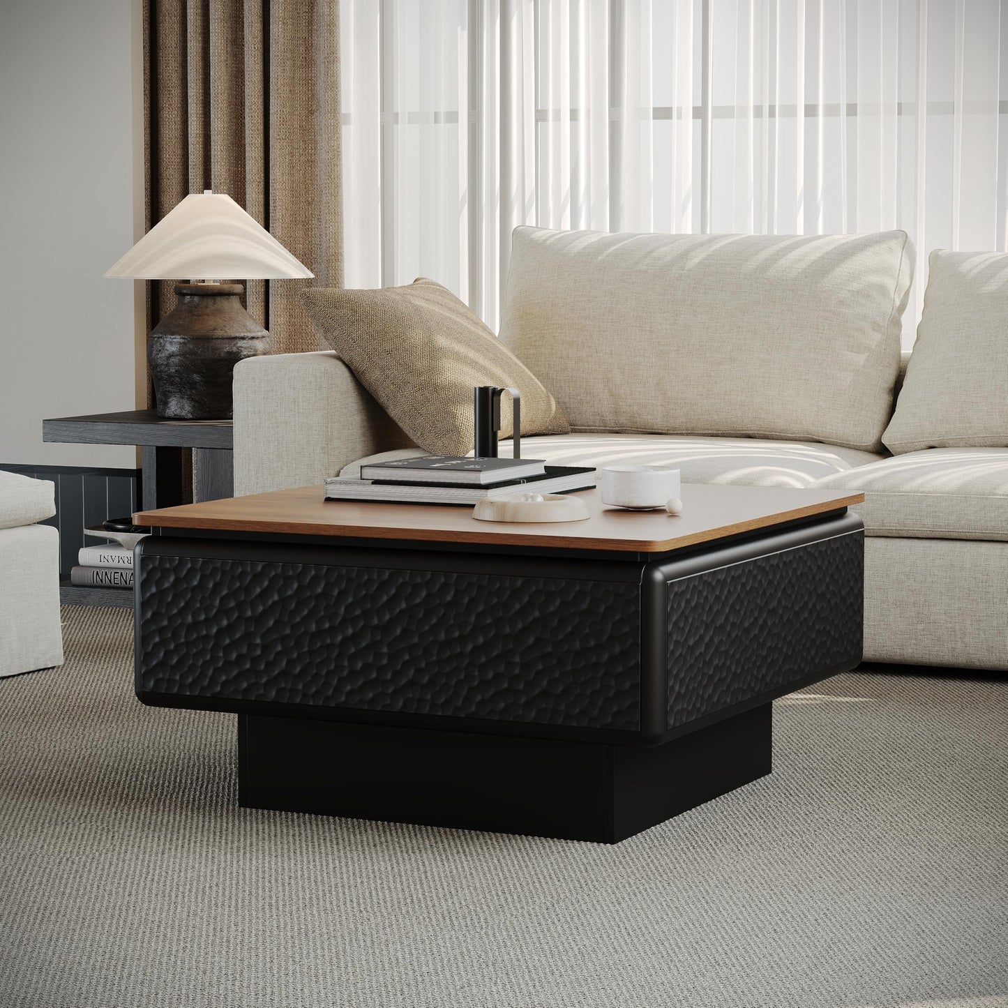 GDFStudio 31" Square Coffee Table with Lift Top Storage, Mid Century Modern Hammered Texture Center Table, Wooden Curved Tea Side Table with Hidden Compartment for Living Room Small Space, Black+Brown