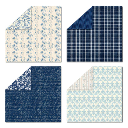VIVIQUEN Navy Blue Vintage Floral Scrapbook Paper – 24 Sheets Double-Sided Botanical Designs with Antique Flower Textures, Acid-Free 160g Cardstock for DIY Crafts, Card Making, Scrapbook, Photo Albums