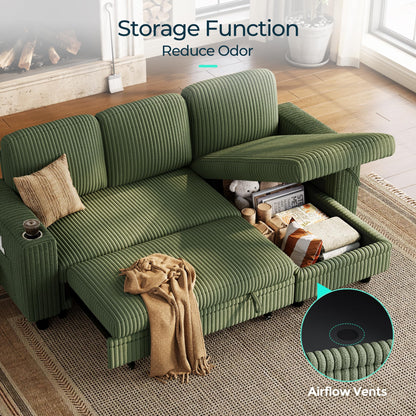 LINSY HOME Sectional Sleeper Sofa Pull Out Couches for Living Room (Green, Sleeper Sofa 1) | Pull Out Sofa Bed, Storage, USB Charging, Cup Holders, Plush Corduroy