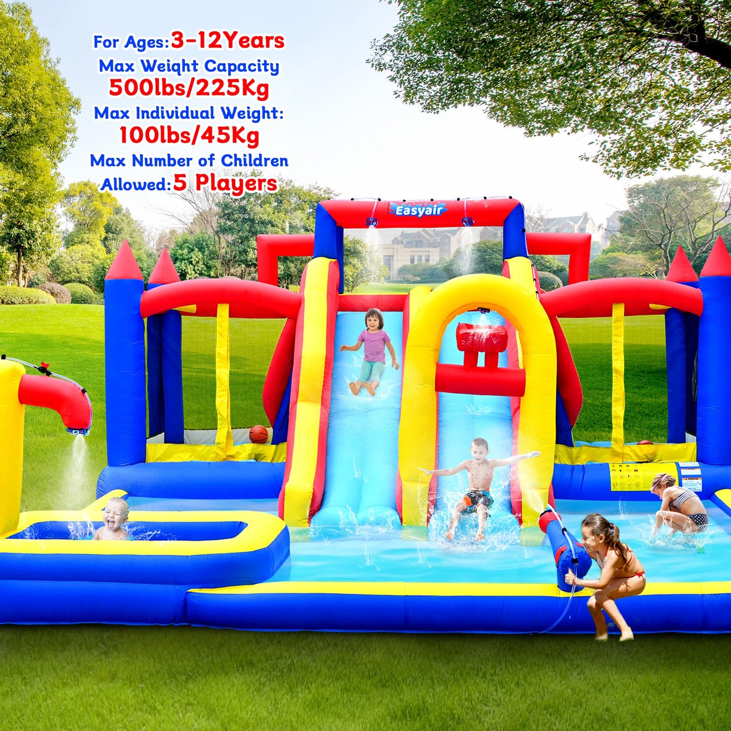 Easyair Large Inflatable Water Slide for Big Kids, Water Bounce House, Outdoor Blow Up Pool, Climbing Wall, Basketball Hoop with Blower