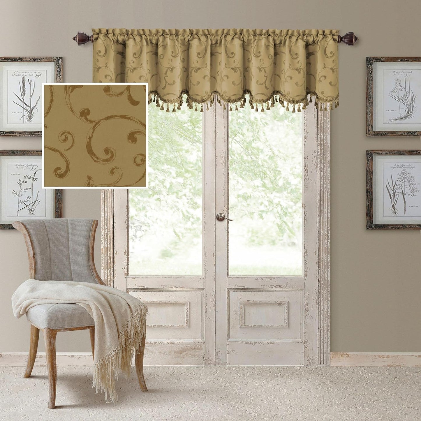 Elrene Home Fashions Mia Jacquard Scroll Blackout Valance - 52" x 19", Gold