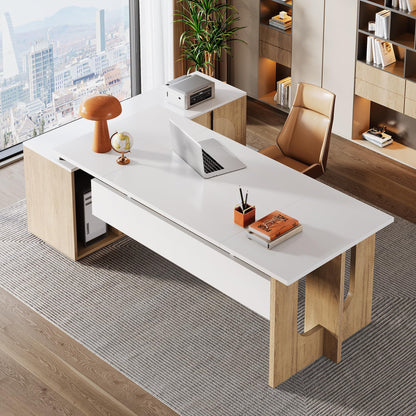 Tribesigns 74.8 Inch Executive Desk, Large Office Desk with Cabinet, L Shaped Computer Desk with Shelves and CPU Storage, Modern Home Office Desks Business Furniture Workstation Set, White and Wood