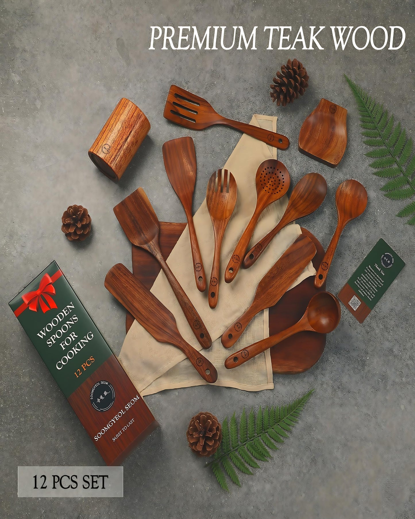 12-Piece Natural Teak Wood Utensil Set with Holder & Rest - Nonstick Cooking Spoons, Spurtles, Heat Resistant Tools