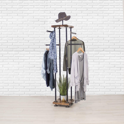 William Roberts Vintage Industrial Pipe and Wood Clothes Rack 4-Way, Garment Rack, Clothing Rack, Closet Organizer, Clothing Storage and Display