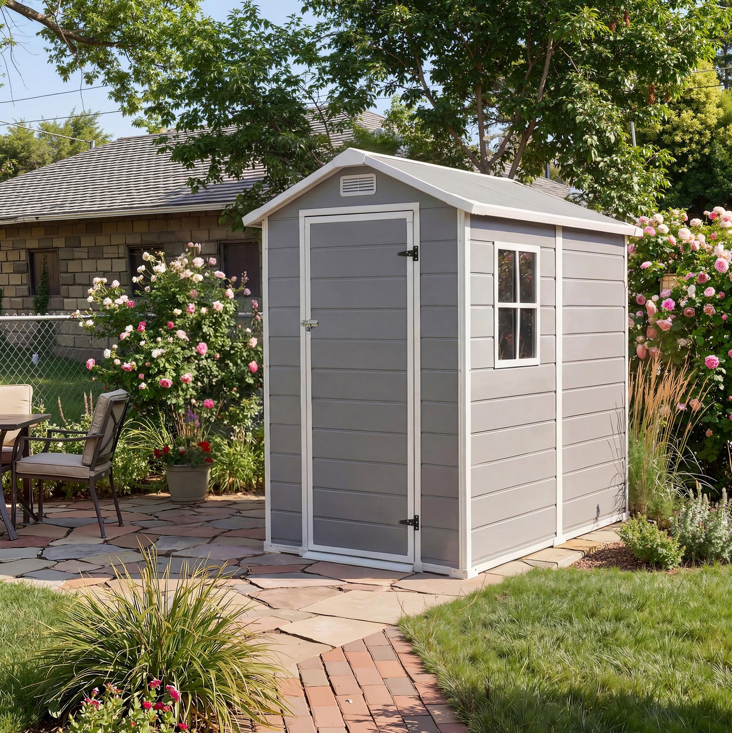 4x6 ft Outdoor Resin Storage Shed with Floor, Lockable Door & Window, Sloping Roof, Plastic Outdoor Sheds with Floor Garden Shed for Backyard Patio Lawn Mower Bike Tool Storage