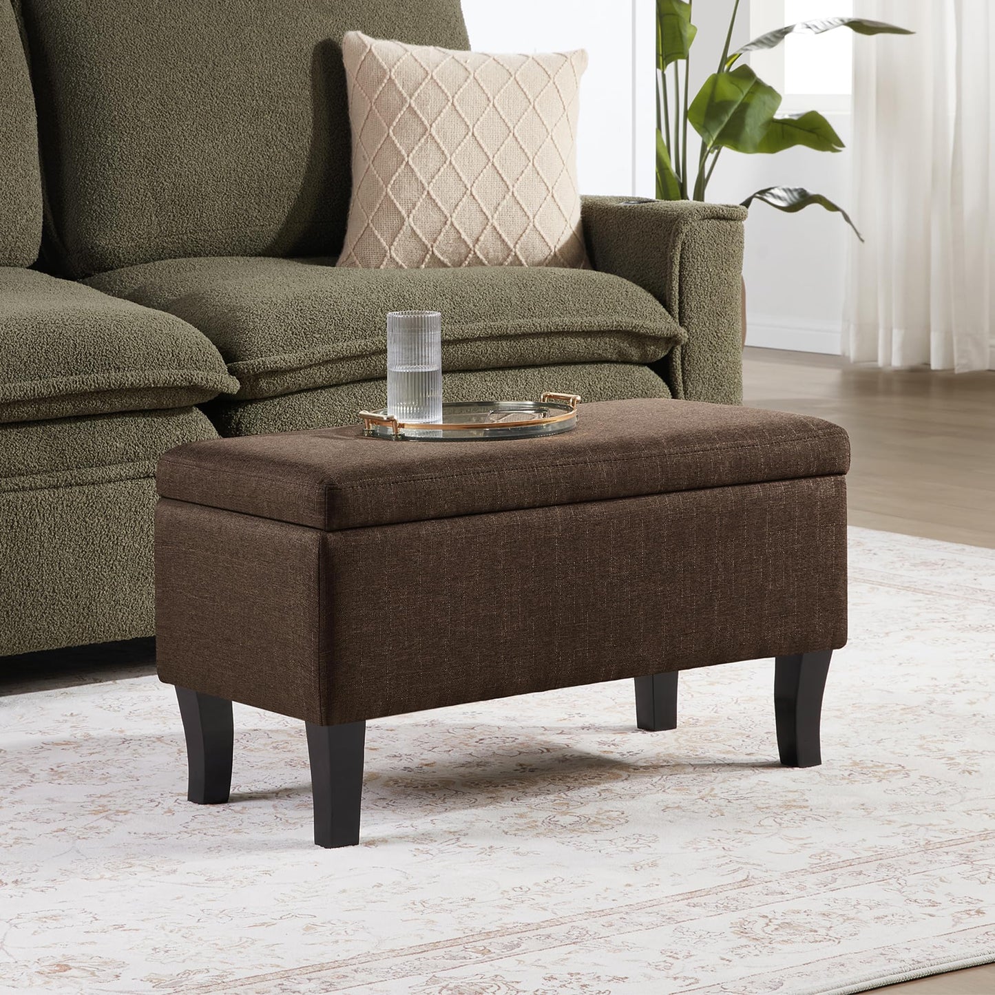 Convenience Concepts Designs4Comfort Winslow Storage Ottoman Bench 32" - Transitional Upholstered Footstool & Seat, for Living Room, Entryway, Hallway, & Bedroom, Medium Brown Fabric