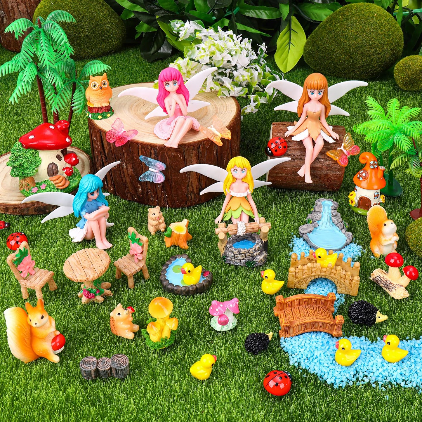 QAUYETM 40Pcs Fairy Garden Accessories Miniature Garden Ornaments Kit with Mini Animal Plant Fairies Furniture House Figures Bulk for Micro Landscape DIY Terrarium Potted Plants Dollhouse Decor