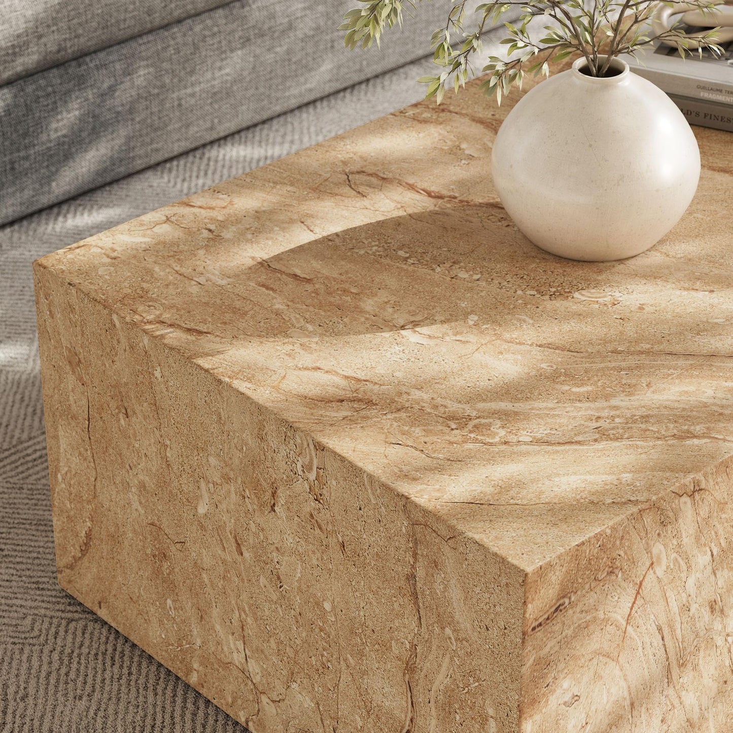 Modway Jordana 47 Inch Rectangle Concrete Coffee Table in Travertine – Plinth Coffee Table with Faux Stone Finish – Concrete Furniture Center Table for Living Room or Patio