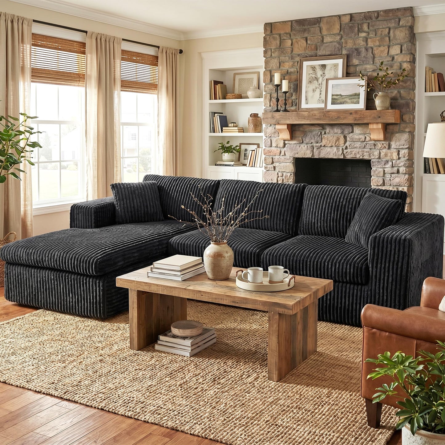 Shintenchi 105" Modular Sectional Sofa, Boneless L Shaped Couch with Deep Seat, Cloud Foam Couch with Oversized Chaise, Plush Corduroy Sofa No Assembly Needed for Living Room, Black