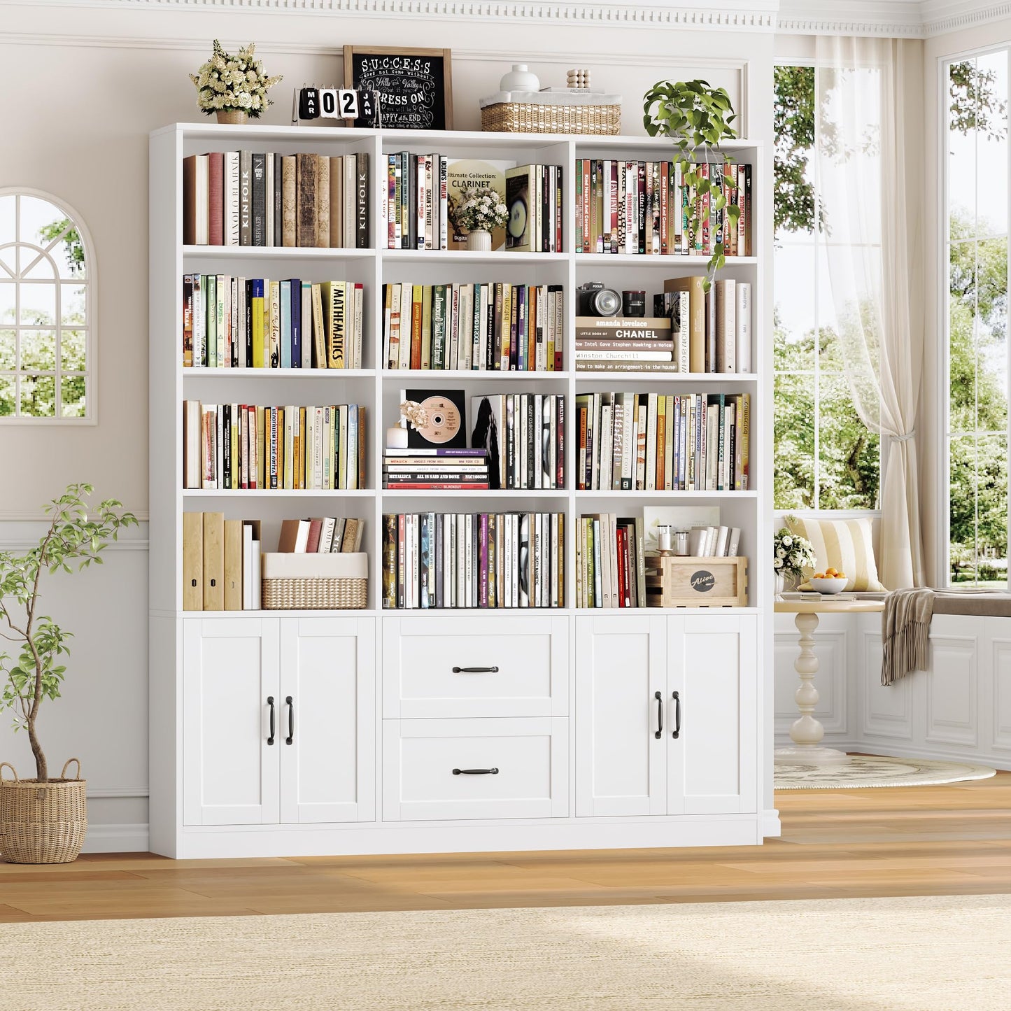 HOSTACK 71" Tall Triple Wide Bookshelf with Doors & Drawers, Modern Wood Bookcase for Storage, 6-Tier Large Bookcase with Display Shelves, Space-Saving Bookshelf for Living Room, Home Office, White