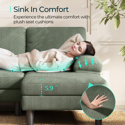LINSY HOME Sectional Couch, 105'' W Corduroy U Shaped Sofa with Sleepable Armrests, 4 Seat Couch with Double Chaises, Deep Sofa for Living Room, Green