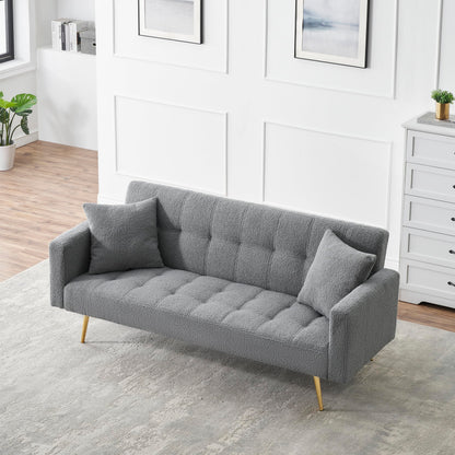 KEIKI 72" Folding Futon Sofa Couch w/Adjustable Backrest, Mid Century Modern Loveseat Convertible to Sleeper Bed, Small Comfy Teddy Cloud Couch SofaBed for Living Room & Bedroom, 2 Pillows, Gray