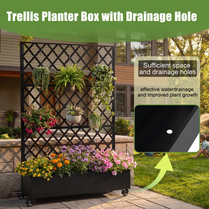 KEIKI 73"x47"x16" Metal Planter Trellis Box with Wheels & Drain Plug, Outdoor Resin Raised Garden Bed for Climbing Plants, Large Weather-Resistant Design, Black