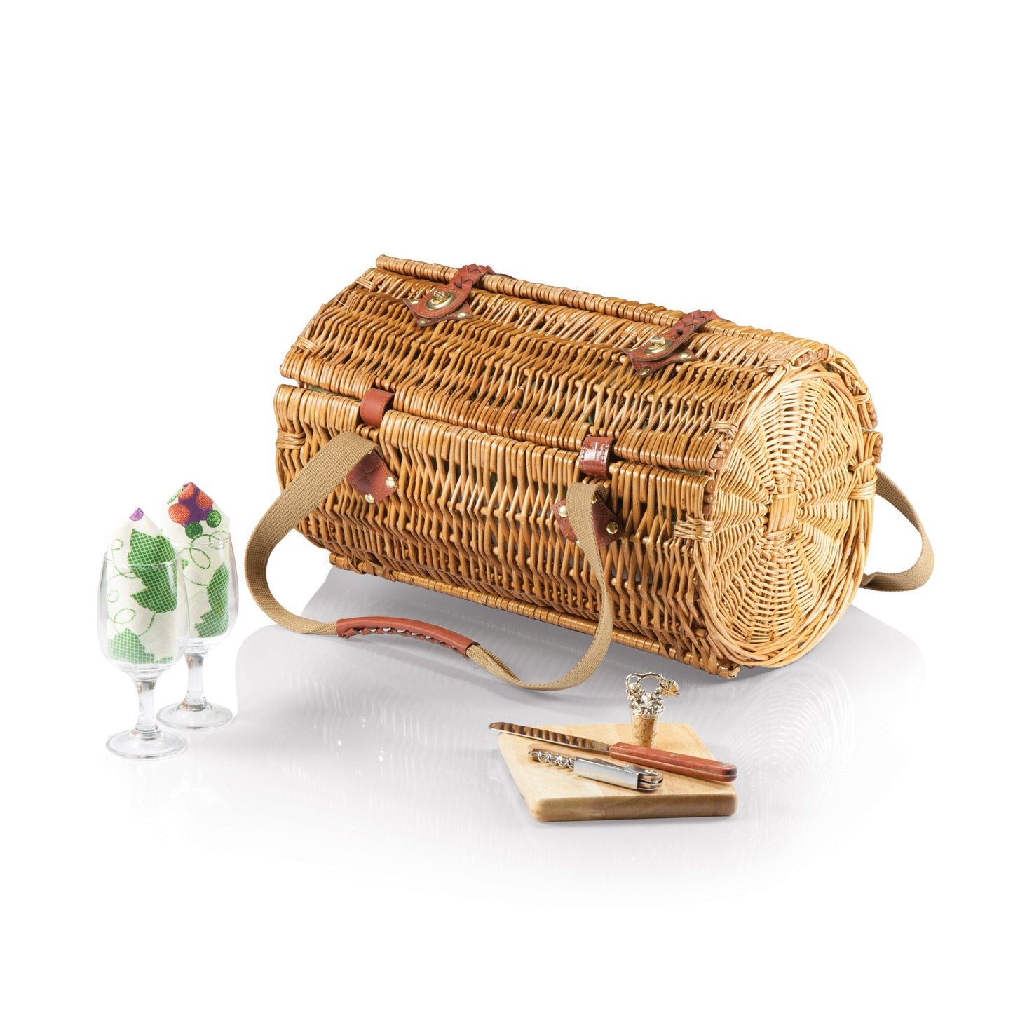 PICNIC TIME Verona Wine & Cheese Picnic Basket, Romantic English-Style Rounded Wooden Wicker Basket with Deluxe Service for 2, Fully-lined Interior and Handwoven, (Pine Green)