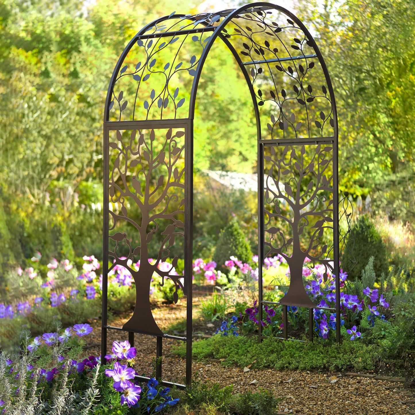Plow & Hearth Arch Metal Outdoor Garden Arbor | Tree of Life | 83 Inches Tall | Black | Steel Trellis Lattice for Plants & Heavy Vines | Wedding | Outdoor Patio Décor
