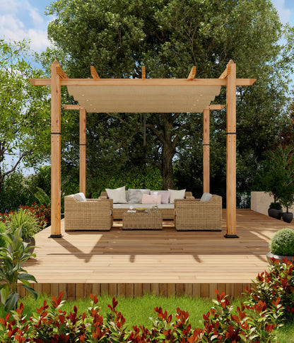 GarveeLife 10 x 10 ft Wood-Grain Aluminum Pergola Outdoor Pergola with Retractable Canopy for Garden Patio Backyard Deck - Khaki