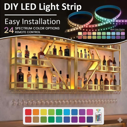 79in Wall Mounted Liquor Shelves with LED Lights, Industrial Metal Wall Bar Rack with Wine Glass Holder, Large Bottle Display Shelf for Home Kitchen (Gold)