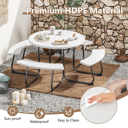 HAPPYGRILL 8-Person Picnic Table Bench Set with Umbrella Hole, 43” Outdoor Dining Table w/4 Benches, Wood-Like Texture Tabletop, Stable U-Shaped Base, Round Table for Backyards, White