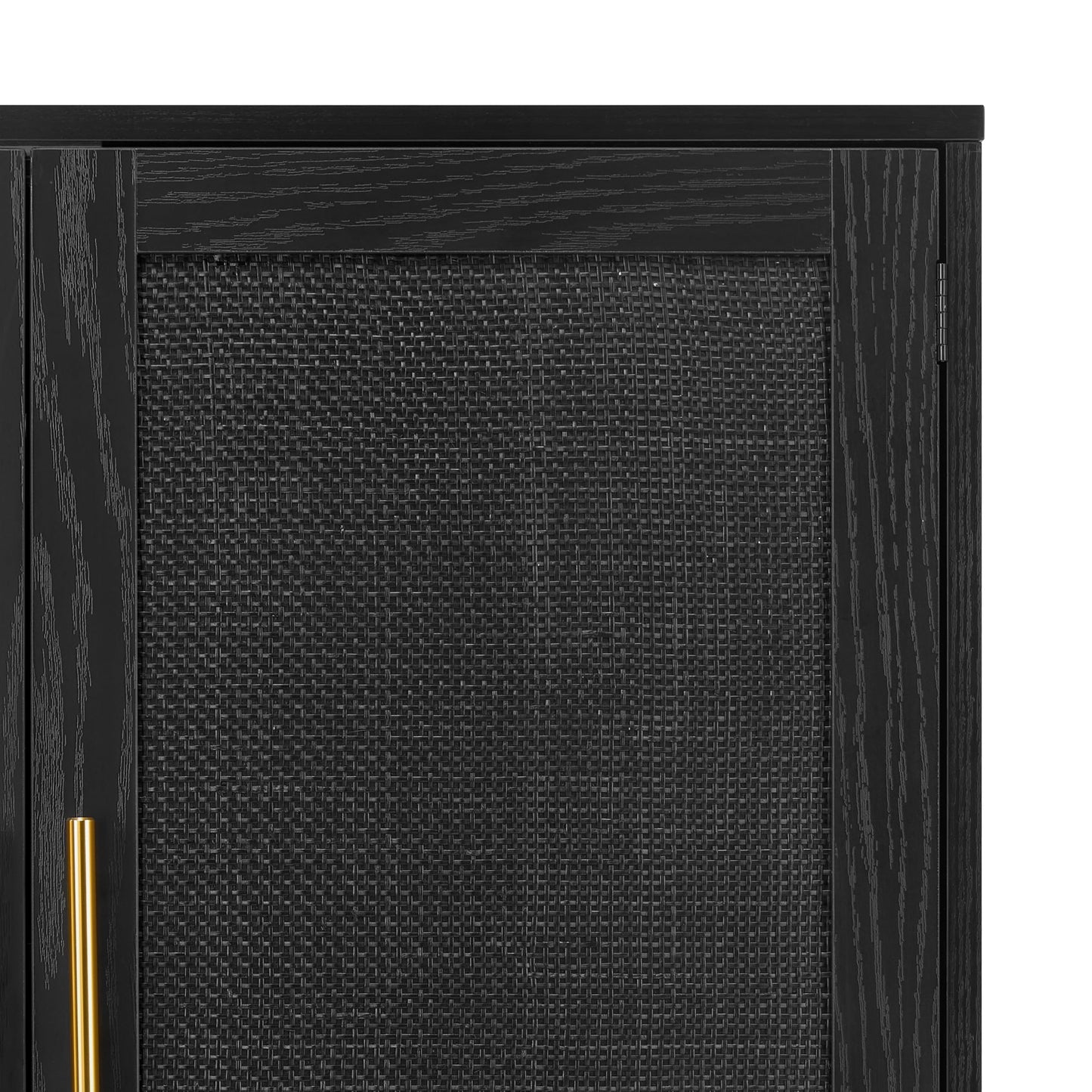Finnhomy 4 Door Sideboard Buffet Cabinet, Kitchen Storage Buffet with Black Painted Rattan Decorated Doors, Cupboard Console Table, Boho Accent Liquor Cabinet, 62.3X 15.7X 34.6 Inches, Full Black
