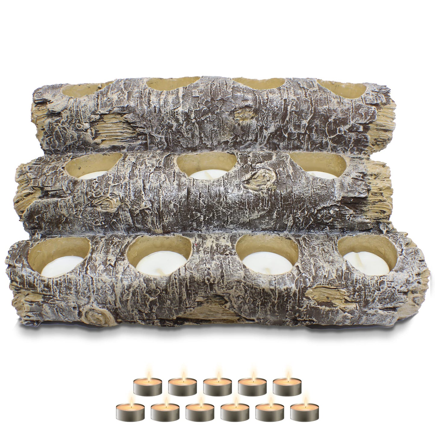 Castaway Faux Fireplace Logs Candle Holder — Realistic Rustic Wood Log Centerpiece with 12 Tea Light Candles, Safe, Smoke-Free ambiance, Authentic Wood Texture, and and Low Maintenance
